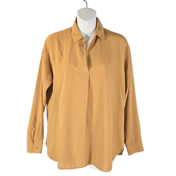 Uniqlo Rayon Skipper Collar Blouse Mustard Yellow Relaxed Fit XS Career Office - Picture 1 of 11